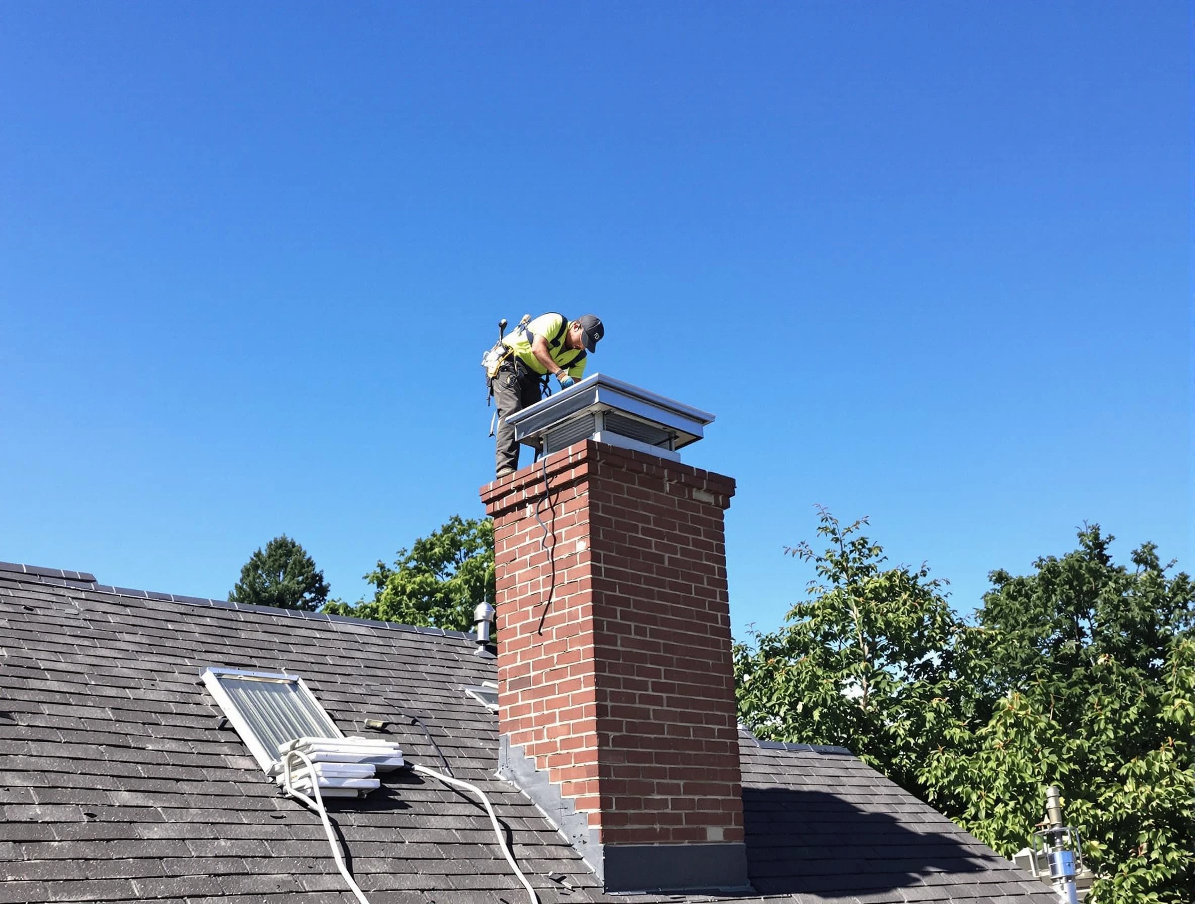 Fair Oaks Chimney Sweep technician measuring a chimney cap in Fair Oaks, GA