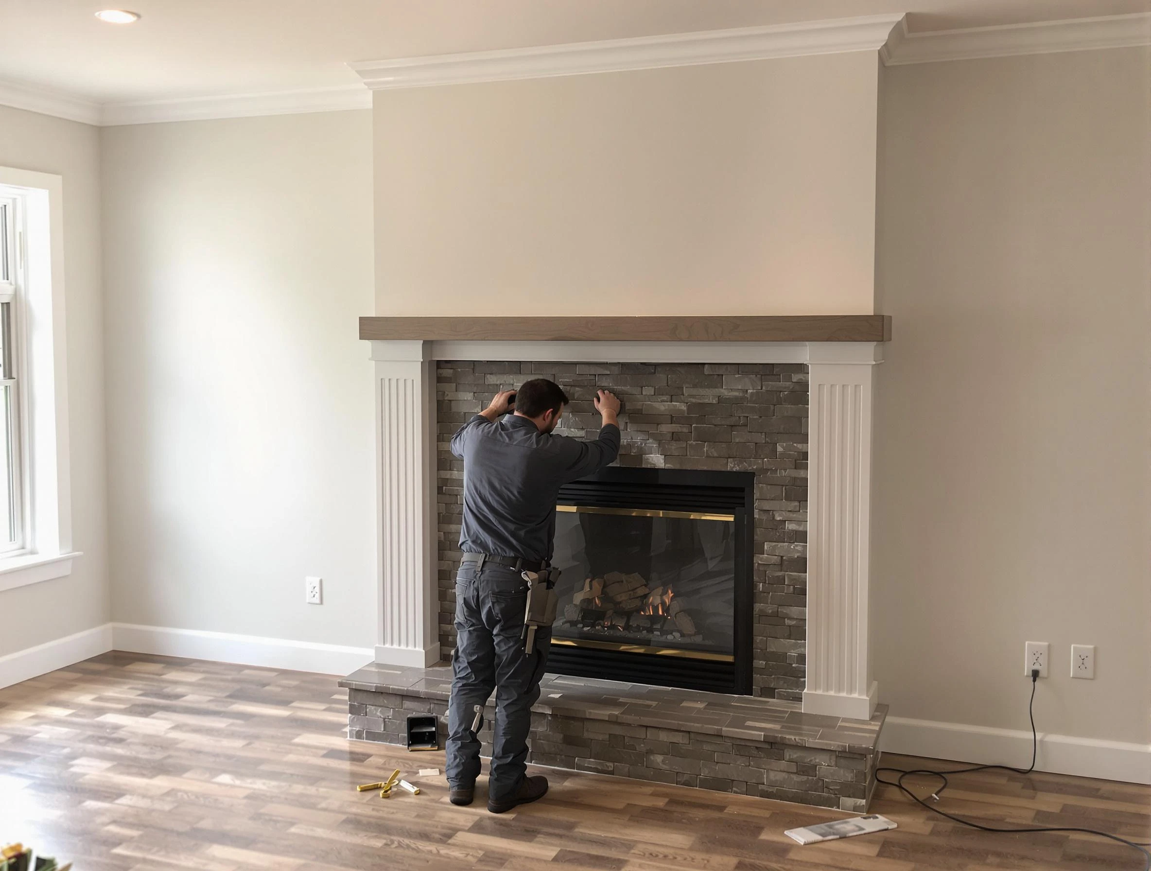 Fair Oaks Chimney Sweep finishing a custom fireplace install in Fair Oaks, GA